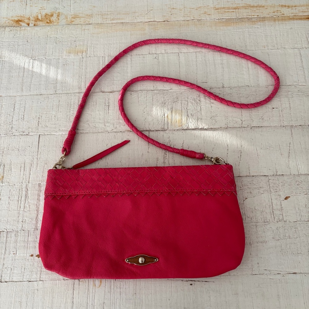 Elliott Lucca Bright Pink Leather Crossbody Clutch Purse Woven Trim
